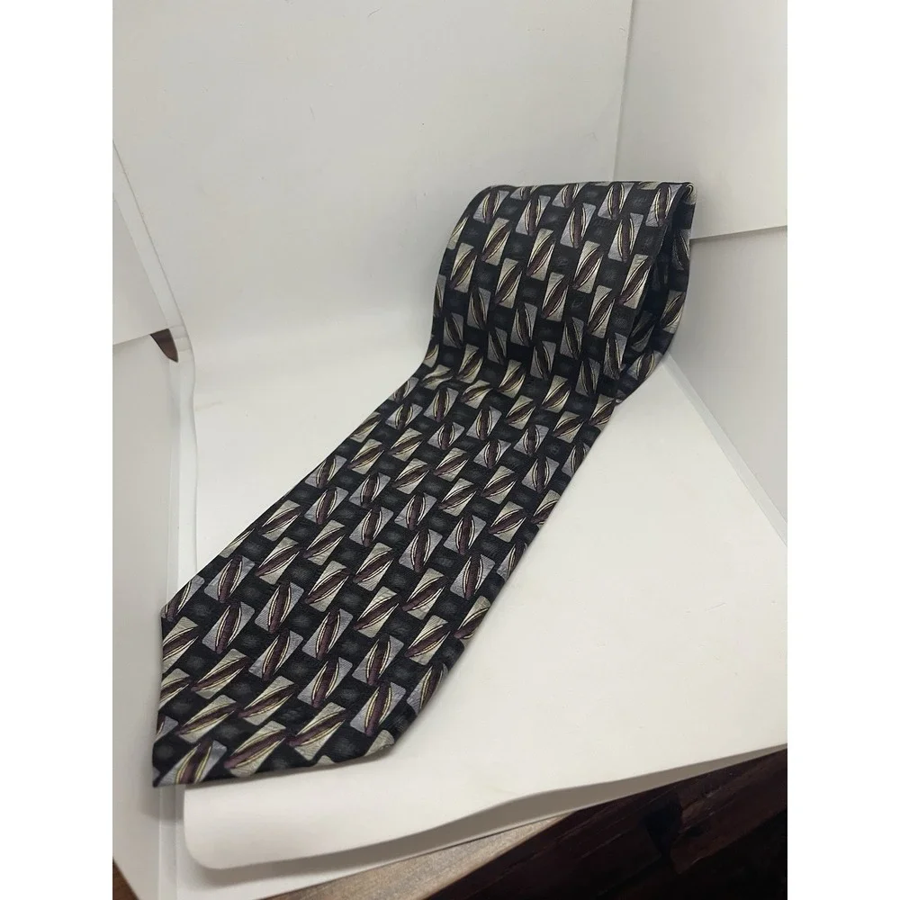 XMI Mens Silk Tie Geometric Black Purple Silver‎ Handmade USA Wide Necktie 59x4